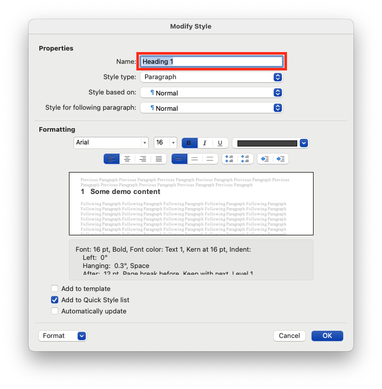 Sample of the modify style dialog to find the correct name