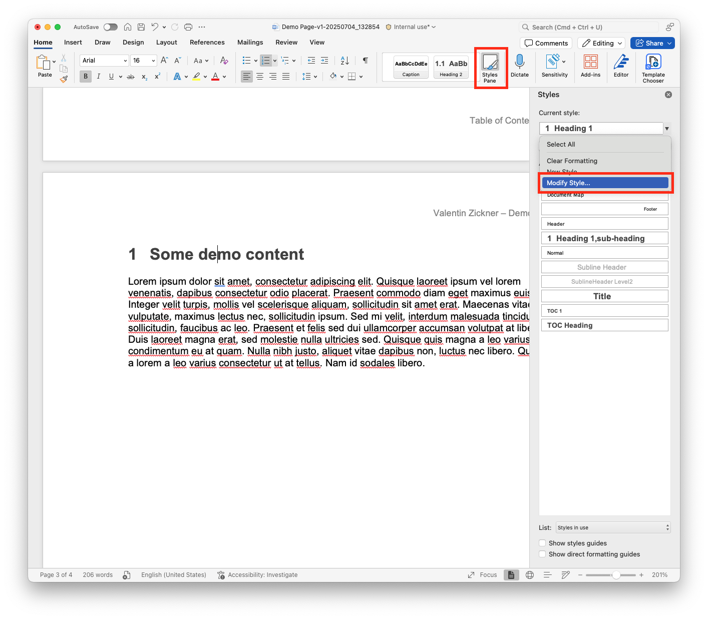 Finding the styles pane and opening the modify style dialog