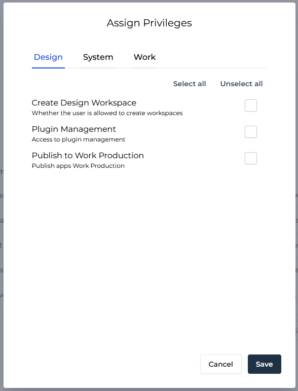 Privilege assignment screen