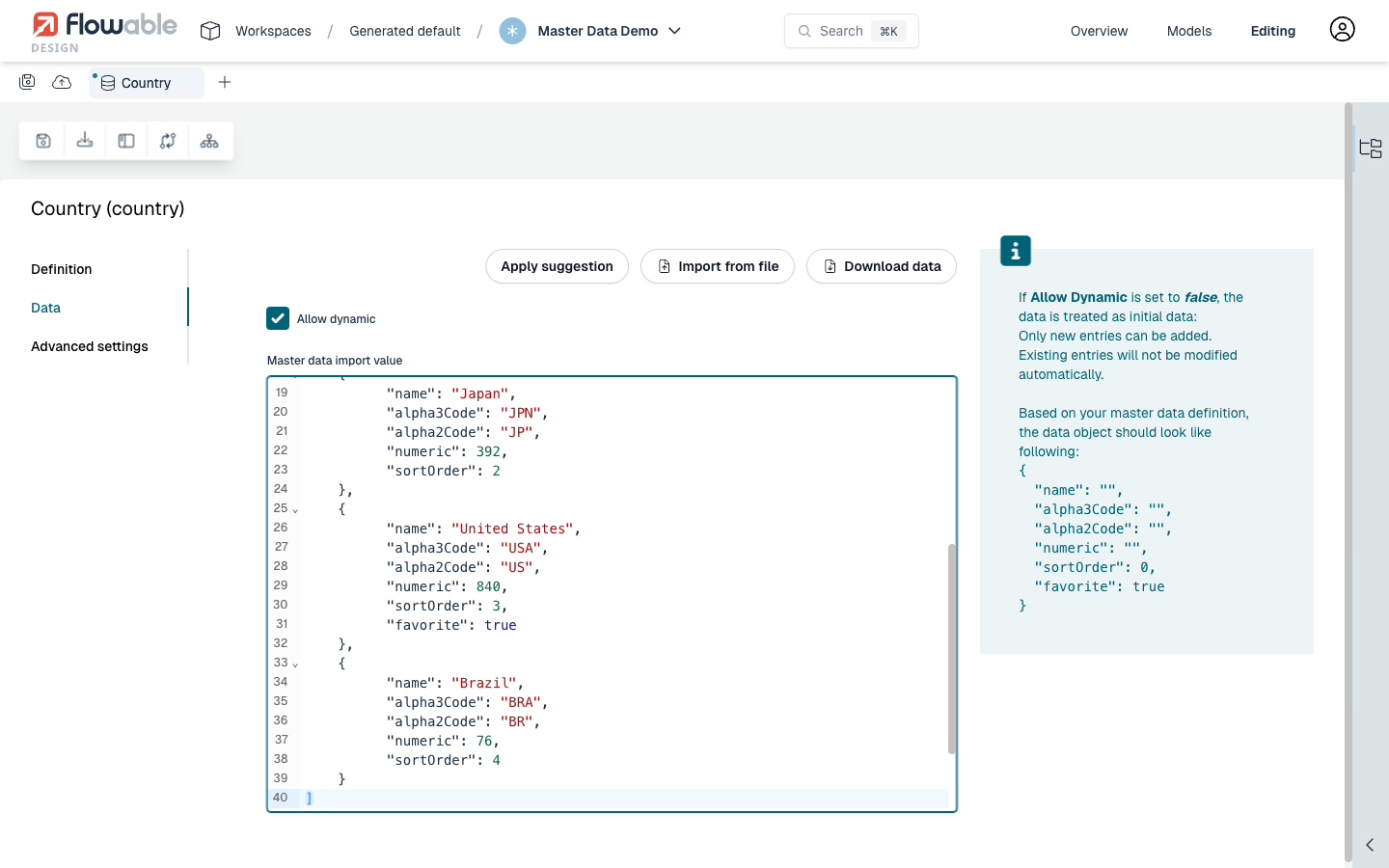 Master data filled with countries