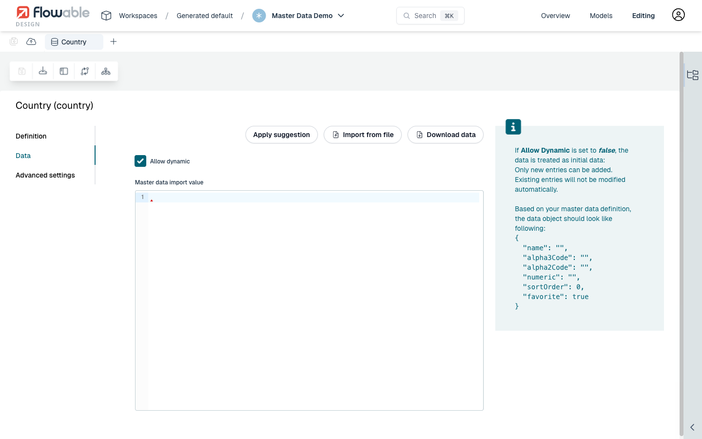 Master data data tab