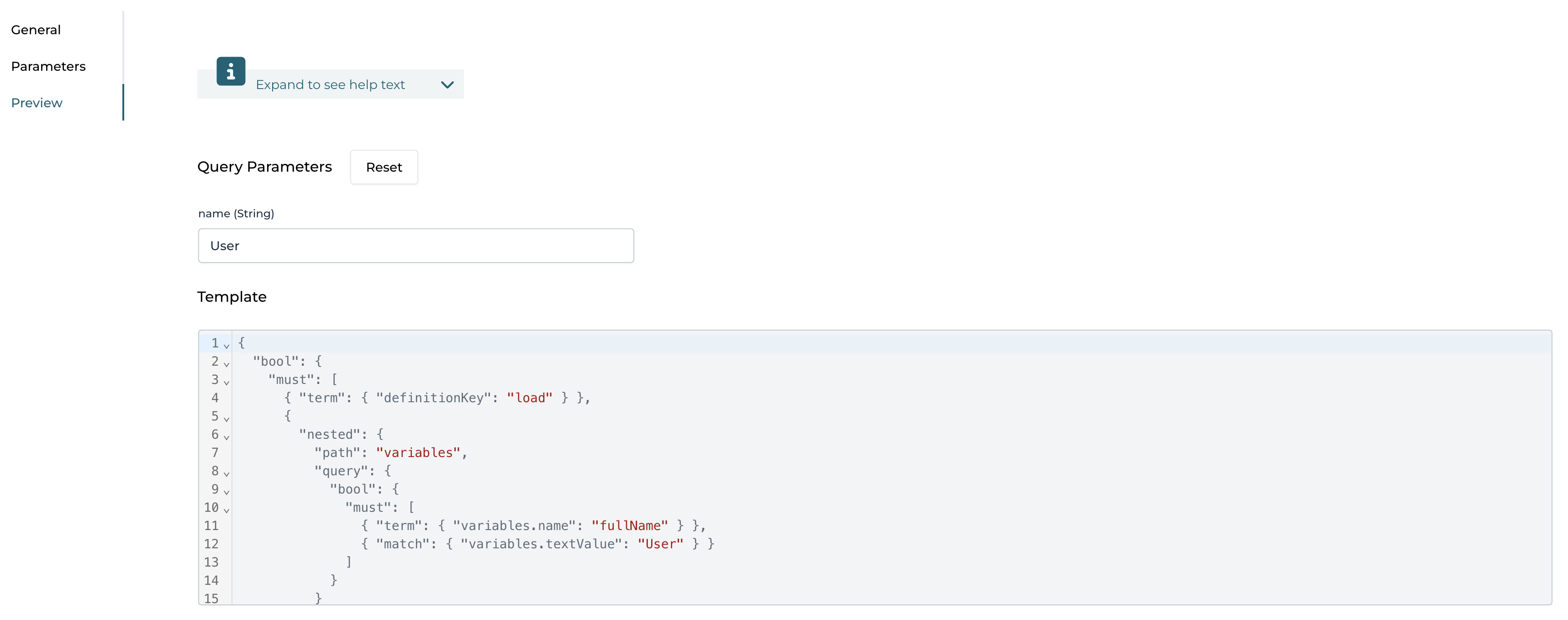 Input and search parameters of the query, with preview of the actual query