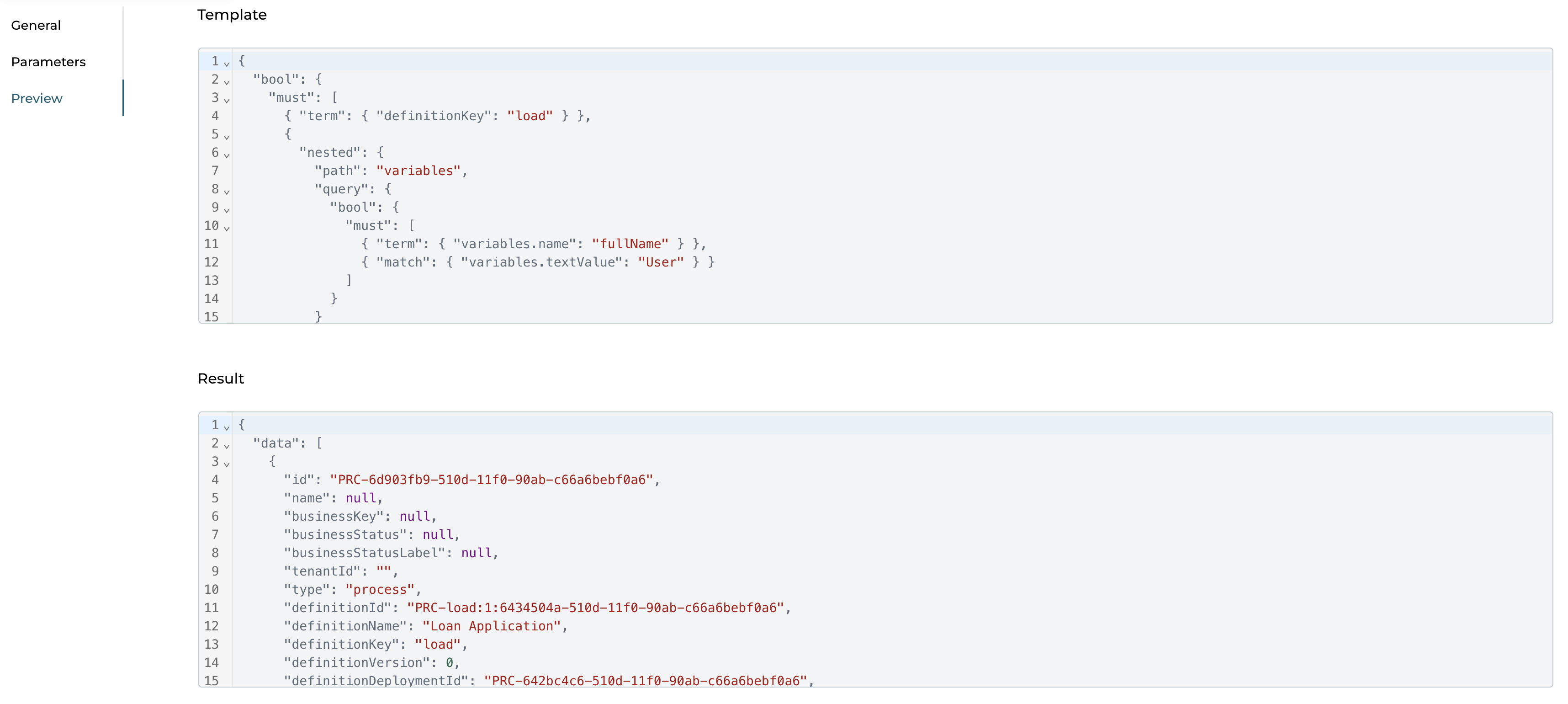 Result of the execution of the query